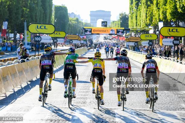 French Christophe Laporte of Jumbo-Visma, Belgian Wout Van Aert of Jumbo-Visma, Danish Jonas Vingegaard of Jumbo-Visma, Belgian Tiesj Benoot of...