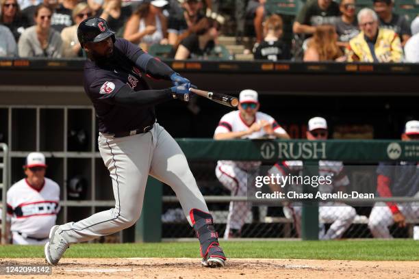 Franmil Reyes of the Cleveland Guardians hits a two run home run in the eighth inning against the Chicago White Sox at Guaranteed Rate Field on July...