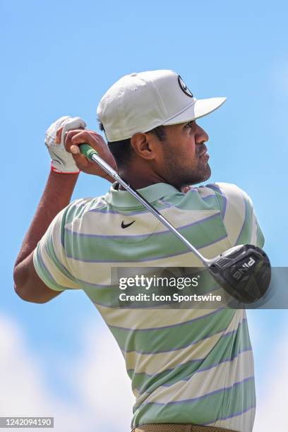 Tony Finau hits a tee shot on the 1st hole during the final round of the 3M Open at TPC Twin Cities on July 24, 2022 in Blaine, Minnesota