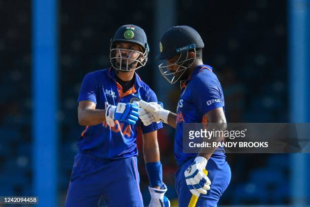 Shreyas Iyer and Sanju Samson of India partnership during the 2nd ODI match between West Indies and India at Queens Park Oval, Port of Spain,...