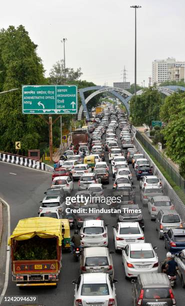 Traffic congestion near Chilla border due to Kanwar yatra, on July 24, 2022 in Noida, India.