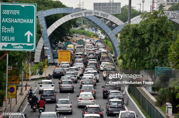 Traffic congestion near Chilla border due to Kanwar yatra, on July 24, 2022 in Noida, India.