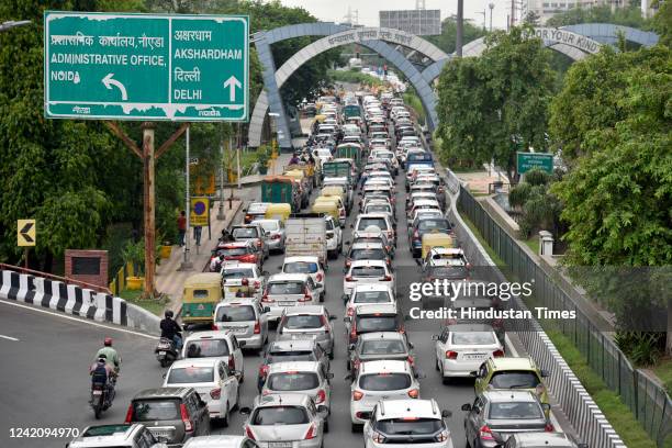 Traffic congestion near Chilla border due to Kanwar yatra, on July 24, 2022 in Noida, India.