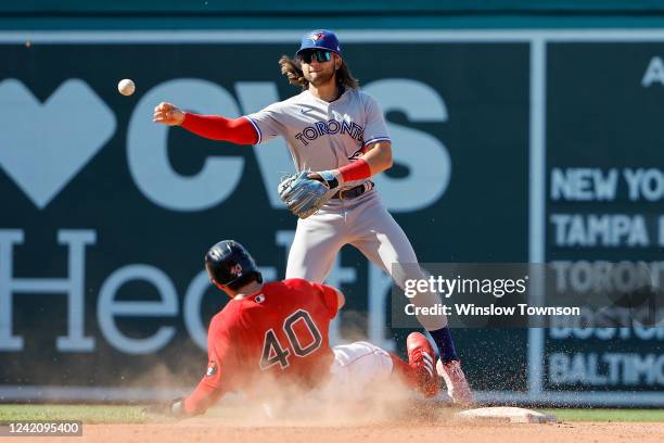 Bo Bichette of the Toronto Blue Jays throws over Jarren Duran of the Boston Red Sox to complete a double play during the seventh inning at Fenway...