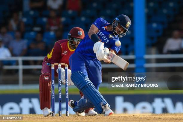 Axar Patel of India hits 4 during the 2nd ODI match between West Indies and India at Queens Park Oval, Port of Spain, Trinidad and Tobago, on July...