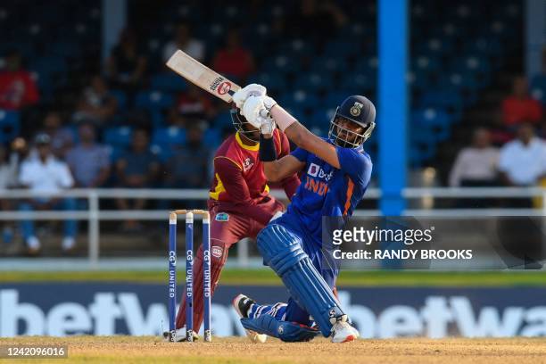 Axar Patel of India hits 4 during the 2nd ODI match between West Indies and India at Queens Park Oval, Port of Spain, Trinidad and Tobago, on July...
