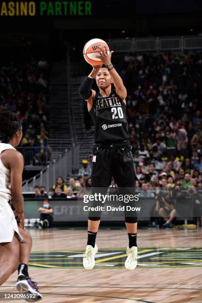 Briann January of the Seattle Storm shoots a three point basket during the game against the Atlanta Dream on July 24, 2022 at the Climate Pledge...