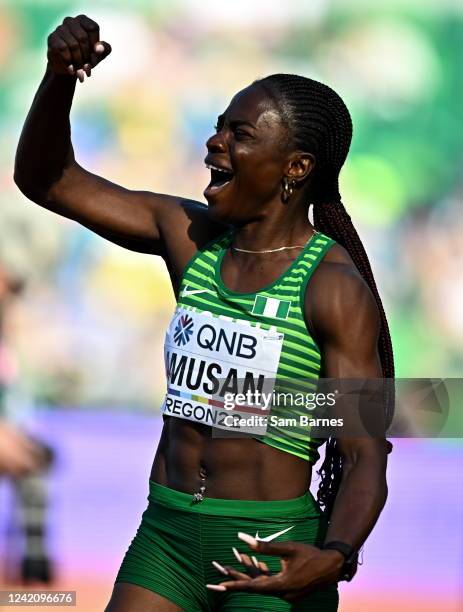 Oregon , United States - 24 July 2022; Tobi Amusan of Nigeria celebrates after winning her semi-final of the women's 100m hurdles in a world record...