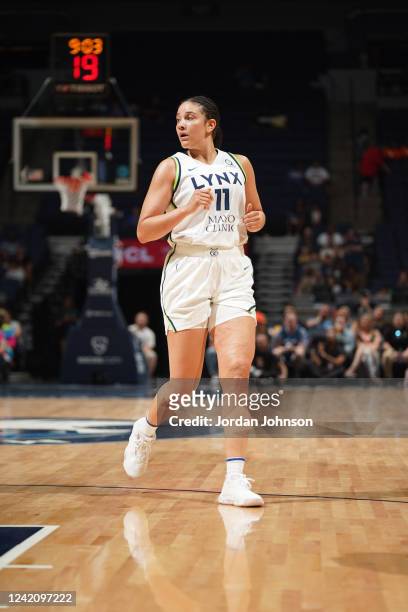Natalie Achonwa of the Minnesota Lynx runs on to the court during the game against the Connecticut Sun on July 24, 2022 at Target Center in...