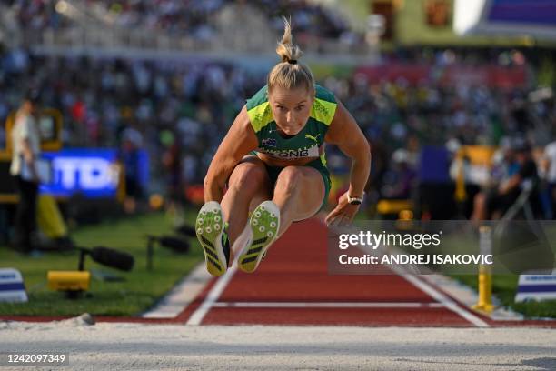 Australia's Brooke Buschkuehl competes in the women's long jump final during the World Athletics Championships at Hayward Field in Eugene, Oregon on...