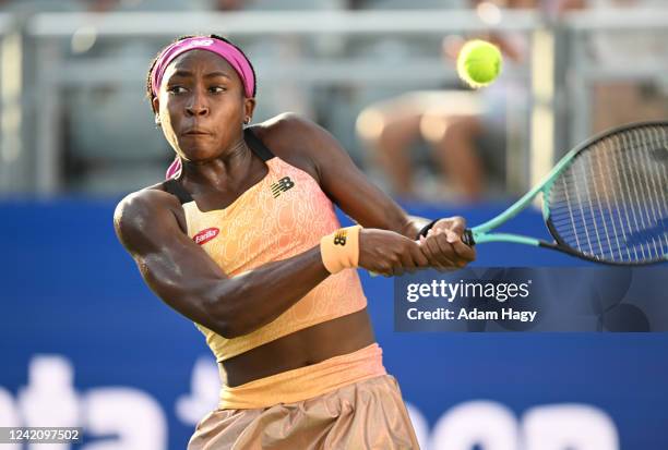 Coco Gauff competes during an exhibition match against Taylor Townsend at Atlantic Station on July 24, 2022 in Atlanta, Georgia.