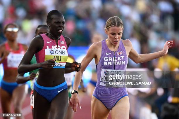 S Athing Mu crosses the finish line ahead of Britain's Keely Hodgkinson to win the women's 800m final during the World Athletics Championships at...