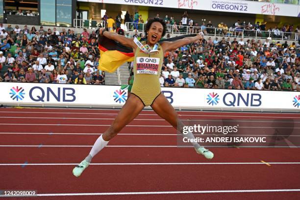 Germany's Malaika Mihambo celebrates winning the women's long jump final during the World Athletics Championships at Hayward Field in Eugene, Oregon...