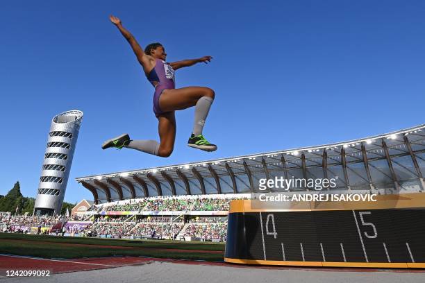 Britain's Jazmin Sawyers competes in the women's long jump final during the World Athletics Championships at Hayward Field in Eugene, Oregon on July...