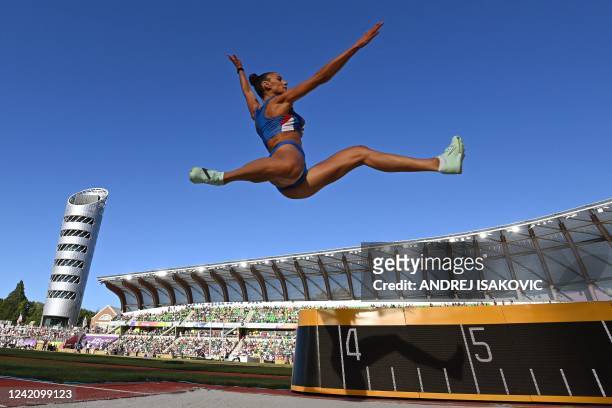 Serbia's Ivana Vuleta competes in the women's long jump final during the World Athletics Championships at Hayward Field in Eugene, Oregon on July 24,...