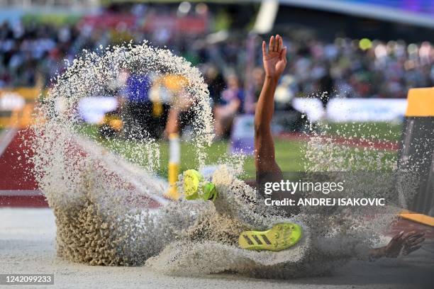 S Quanesha Burks competes in the women's long jump final during the World Athletics Championships at Hayward Field in Eugene, Oregon on July 24, 2022.