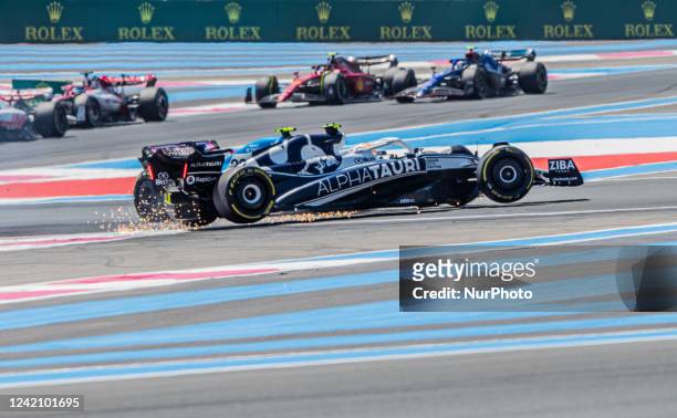 Yuki Tsunoda of Japan and Scuderia AlphaTauri driver spins during the race at French Lenovo Formula 1 Grand Prix on July 24, 2022 in Le Castellet,...
