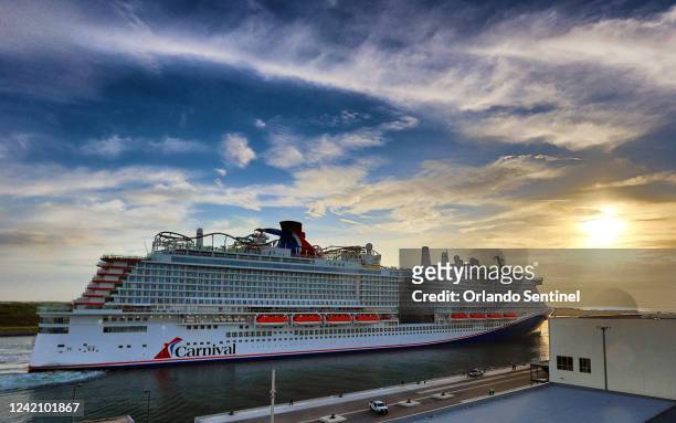 The Carnival Cruise Line ship Mardi Gras docks at Terminal 3 at Port Canaveral, Florida, on June 4, 2021.