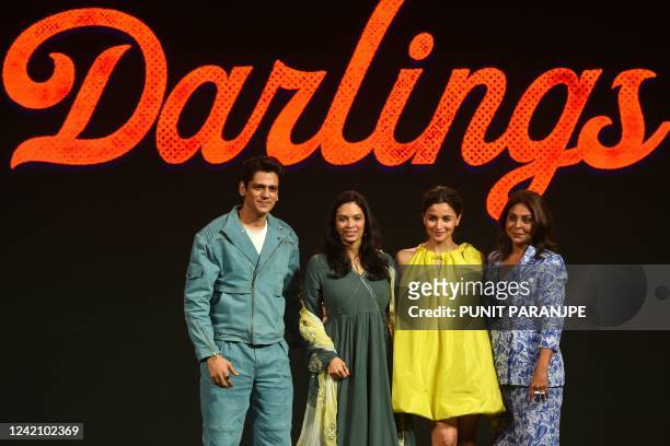 Bollywood actors Vijay Varma , Alia Bhatt and Shefali Shah pose with director Jasmeet K Reen during a news conference for trailer launch of the...