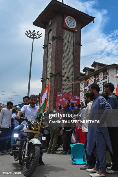 Supporters of India's Bharatiya Janata Party attend the Tiranga bikers rally at the clock tower in Lal Chowk area of Srinagar on July 25, 2022. - BJP...