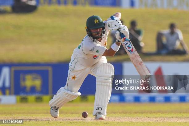 Pakistan's Yasir Shah plays a shot during the second day of the second cricket Test match between Sri Lanka and Pakistan at the Galle International...