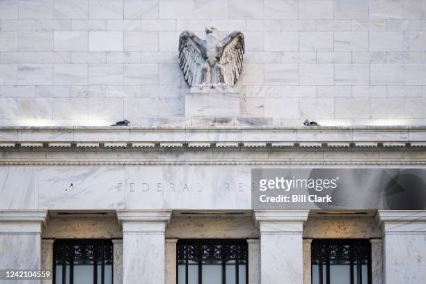 The front facade of the Federal Reserve building in Washington on Monday, July 25, 2022.