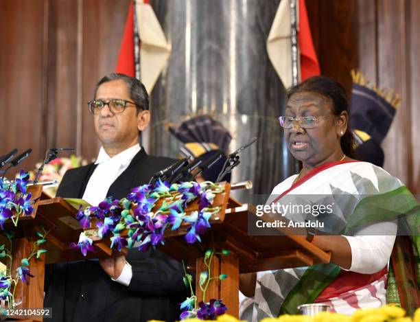 The Chief Justice of India Justice N.V. Ramana administering the oath of the office of the President of India to Droupadi Murmu, at a swearing-in...