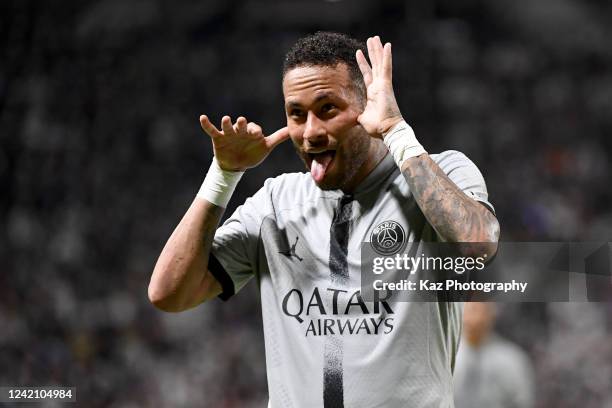 Neymar Jr of Paris Saint-Germain celebrates 5th goal during the preseason friendly between Paris Saint-Germain and Gamba Osaka at Panasonic Stadium...