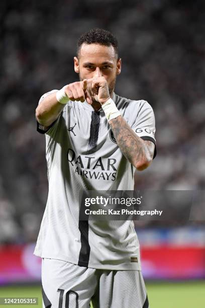 Neymar Jr of Paris Saint-Germain celebrates 5th goal during the preseason friendly between Paris Saint-Germain and Gamba Osaka at Panasonic Stadium...