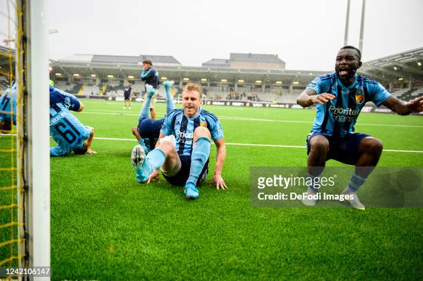 Rasmus Schueller of Djurgardens IF celebrates the victory with the fans during the Allsvenskan Sweedish League match between BK Haecken and...