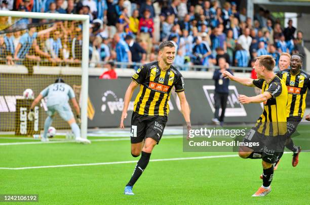 Alexander Jeremejeff of BK Haecken celebrates with his team after scoring the first goal during the Allsvenskan Sweedish League match between BK...