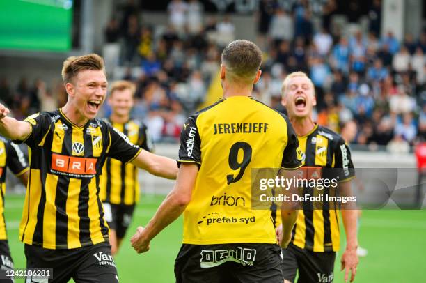 Alexander Jeremejeff of BK Haecken celebrates with his team after scoring the first goal during the Allsvenskan Sweedish League match between BK...