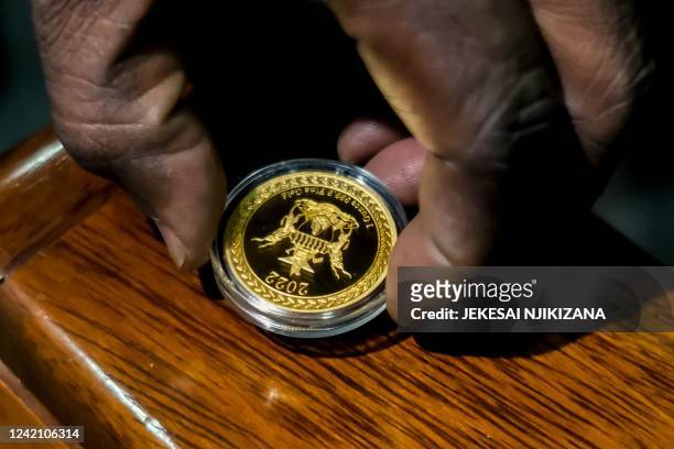 Zimbabwe Reserve Bank governor displays the country's new "Mosi-oa-Tunya" gold coin in Harare on July 25, 2022. - The new coin which weighs 1oz is...