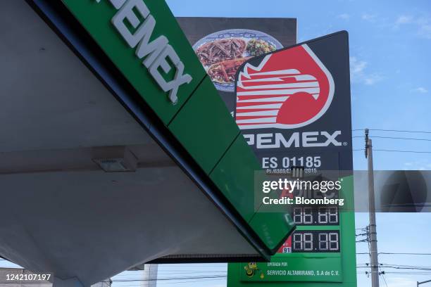 Signage with fuel prices at a Petroleos Mexicanos gas station in Ciudad Juarez, Chihuahua state, Mexico on Thursday, July 21, 2022. As nations across...