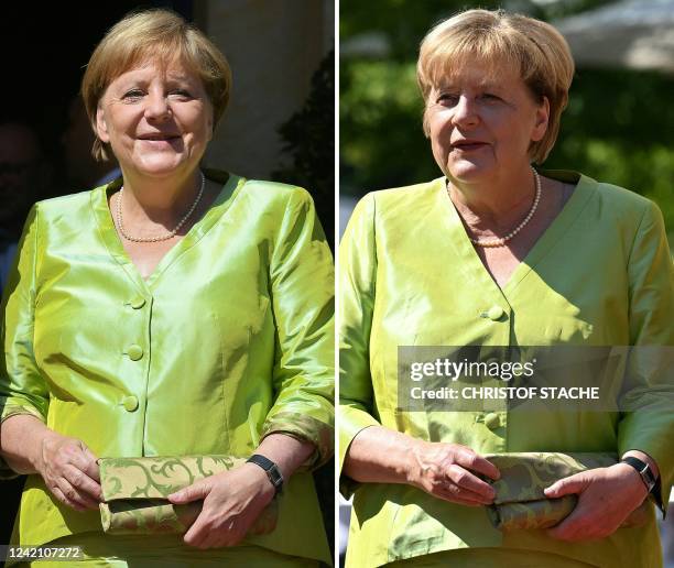 This combination of photos created on July 25, 2022 shows a file photo of German Chancellor Angela Merkel arriving for the opening of the annual...