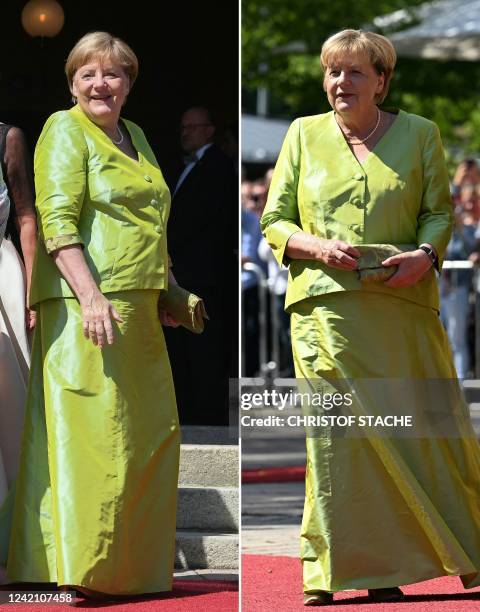 This combination of photos created on July 25, 2022 shows a file photo of German Chancellor Angela Merkel arriving for the opening of the annual...