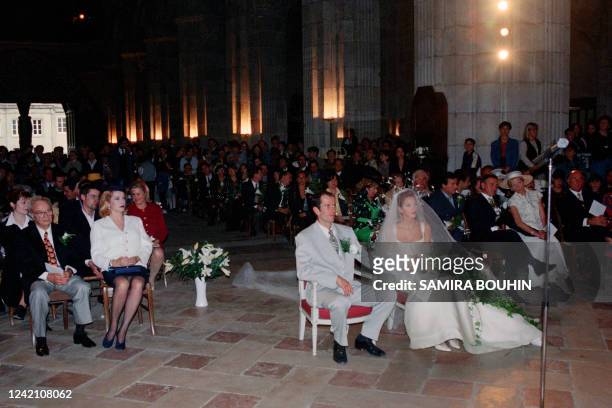 French actress Catherine Deneuve attends the wedding of her son French actor Christian Vadim and designer Caroline Buffalini at Saint-Lazare church...