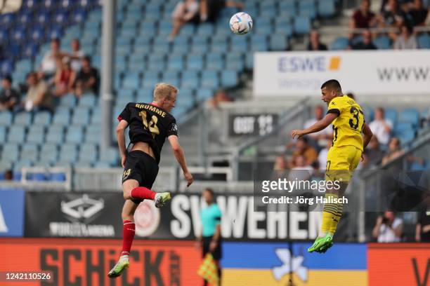 Lucas Brumme of SV Wehen Wiesbaden and Lion Semic of Borussia Dortmund II during the 3. Liga match between SV Wehen Wiesbaden v Borussia Dortmund II...