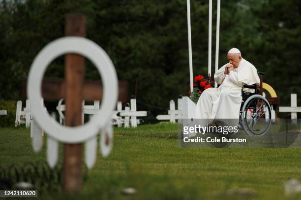 Pope Francis prays during a pause in the Ermineskin Cemetery during his visit on July 25, 2022 in Maskwacis, Canada. The Pope is touring Canada,...