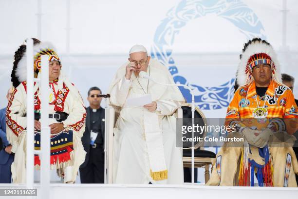 Pope Francis gives remarks as he makes an apology for the treatment of First Nations children in Canada's Residential School system, during his visit...