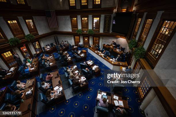 Indiana State Senators meet in the Senate chamber in the Indiana State Capitol building on July 25, 2022 in Indianapolis, Indiana. Activists are...