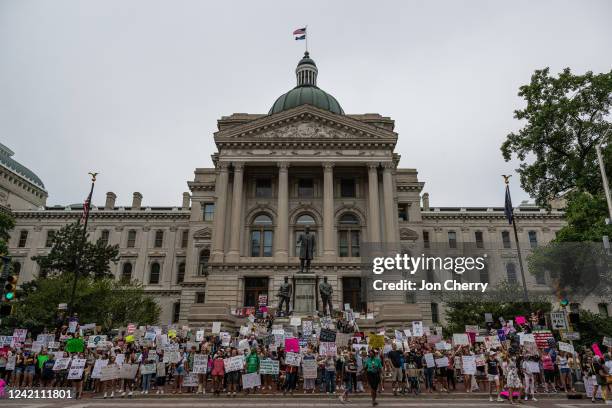 Protesters gather outside of Indiana State Capitol building on July 25, 2022 in Indianapolis, Indiana. Activists are gathering during a special...