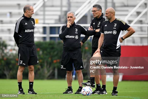 Massimiliano Allegri, Aldo Dolcetti, Marco Landucci, Paolo Bianco of Juventus during a training session at LMU on July 25, 2022 in Los Angeles,...