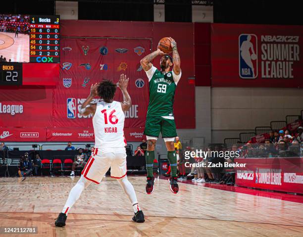 Rayjon Tucker of the Milwaukee Bucks shoots a three point basket during the game against the Toronto Raptors during the 2022 Las Vegas Summer League...