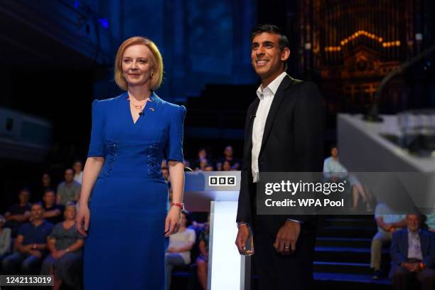 Rishi Sunak and Liz Truss take part in the BBC Leadership debate at Victoria Hall on July 25, 2022 in Hanley, England. Former Chancellor Rishi Sunak...