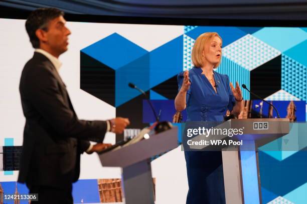 Rishi Sunak and Liz Truss take part in the BBC Leadership debate at Victoria Hall on July 25, 2022 in Hanley, England. Former Chancellor Rishi Sunak...