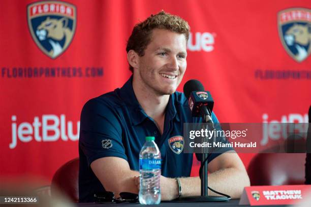 Matthew Tkachuk speaks at a Florida Panthers introductory press conference at FLA Live Arena in Sunrise, Florida on Monday, July 25, 2022.