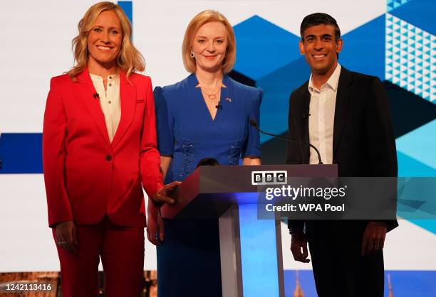 Rishi Sunak and Liz Truss take part in the BBC Leadership debate presented by Sophie Raworth at Victoria Hall on July 25, 2022 in Hanley, England....