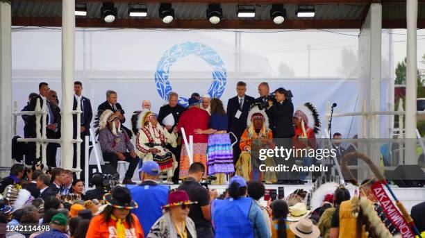 Pope Francis meets with the indigenous community at Muskwa Park in Maskwacis, south of Edmonton, western Canada, on July 25, 2022. Pope Francis on...