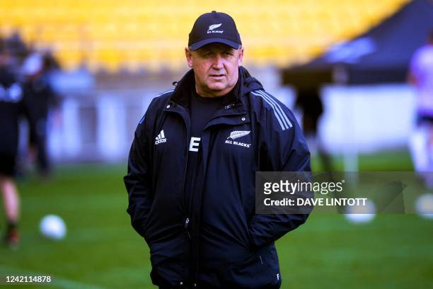 New Zealand's head coach Ian Foster looks on during the All Blacks rugby training session at Sky Stadium in Wellington on July 26, 2022.